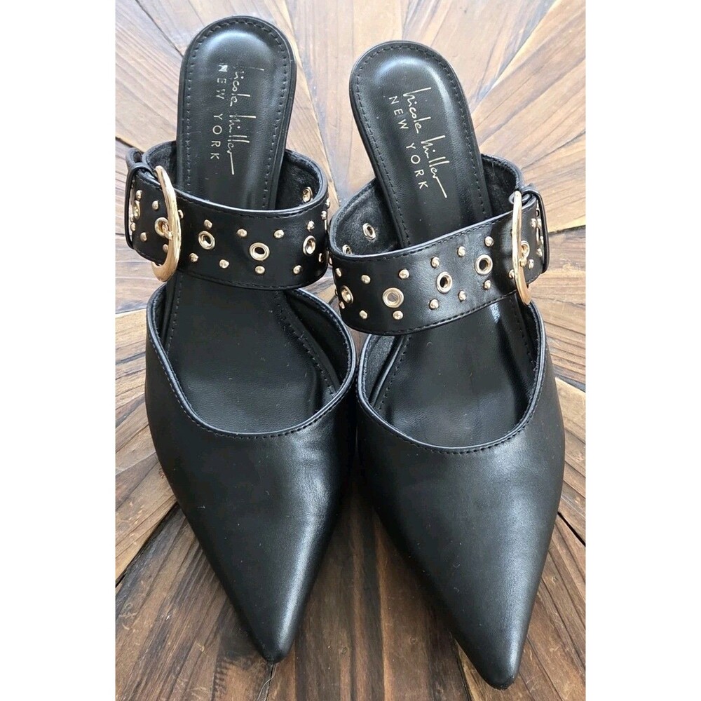 Nicole Miller New York Black Leather Pointed Toe Mule Studded Buckle - Size 10